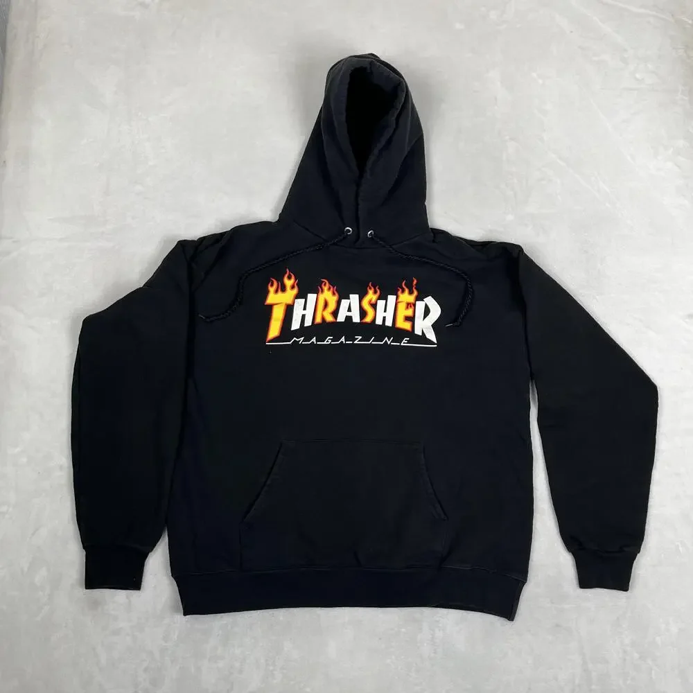 Thrasher Hoodie Mens S/M Black Flame Logo Fleece Pullover Sweatshirt Skate